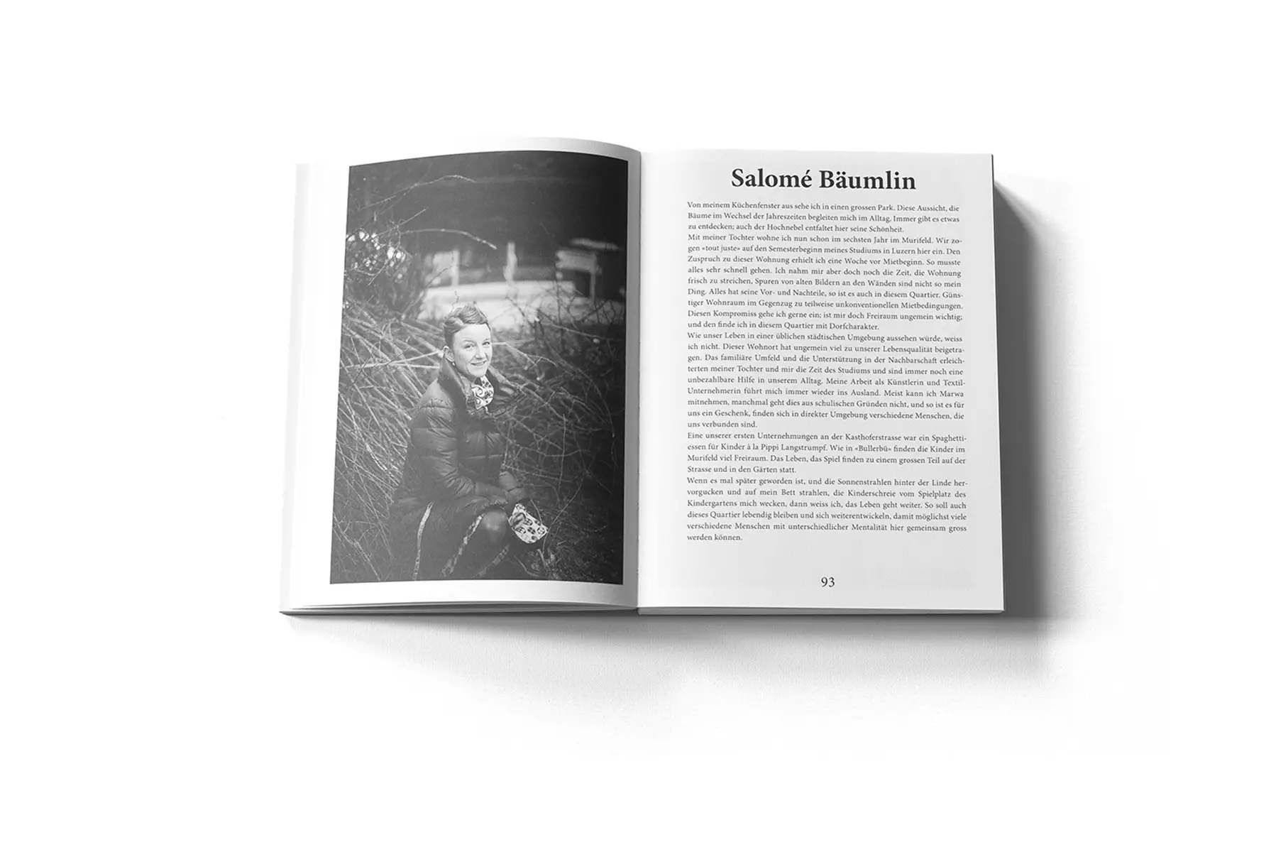 Murifeldbuch des Berner Grafikers Manuel Castellote, Buchteil mit Portäts von Menschen mit Quartierbezug, Künstlerin Salomé Bäumlin