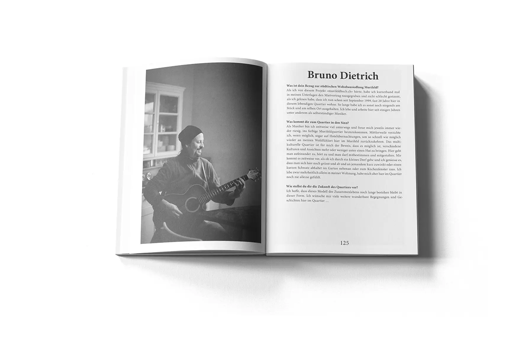 Murifeldbuch des Berner Grafikers Manuel Castellote, Buchteil mit Portäts von Menschen mit Quartierbezug, Musiker Bruno Dietrich
